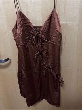 SHEIN Brown Satin Mini Slip Dress with Tie-Front Detail